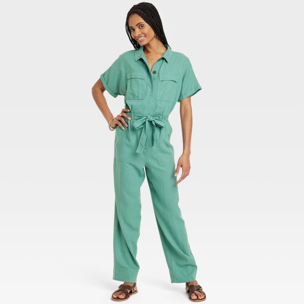 Linen Jumpsuit Short Sleeve Boilersuit Universal Thread Green Women’s Size 12
